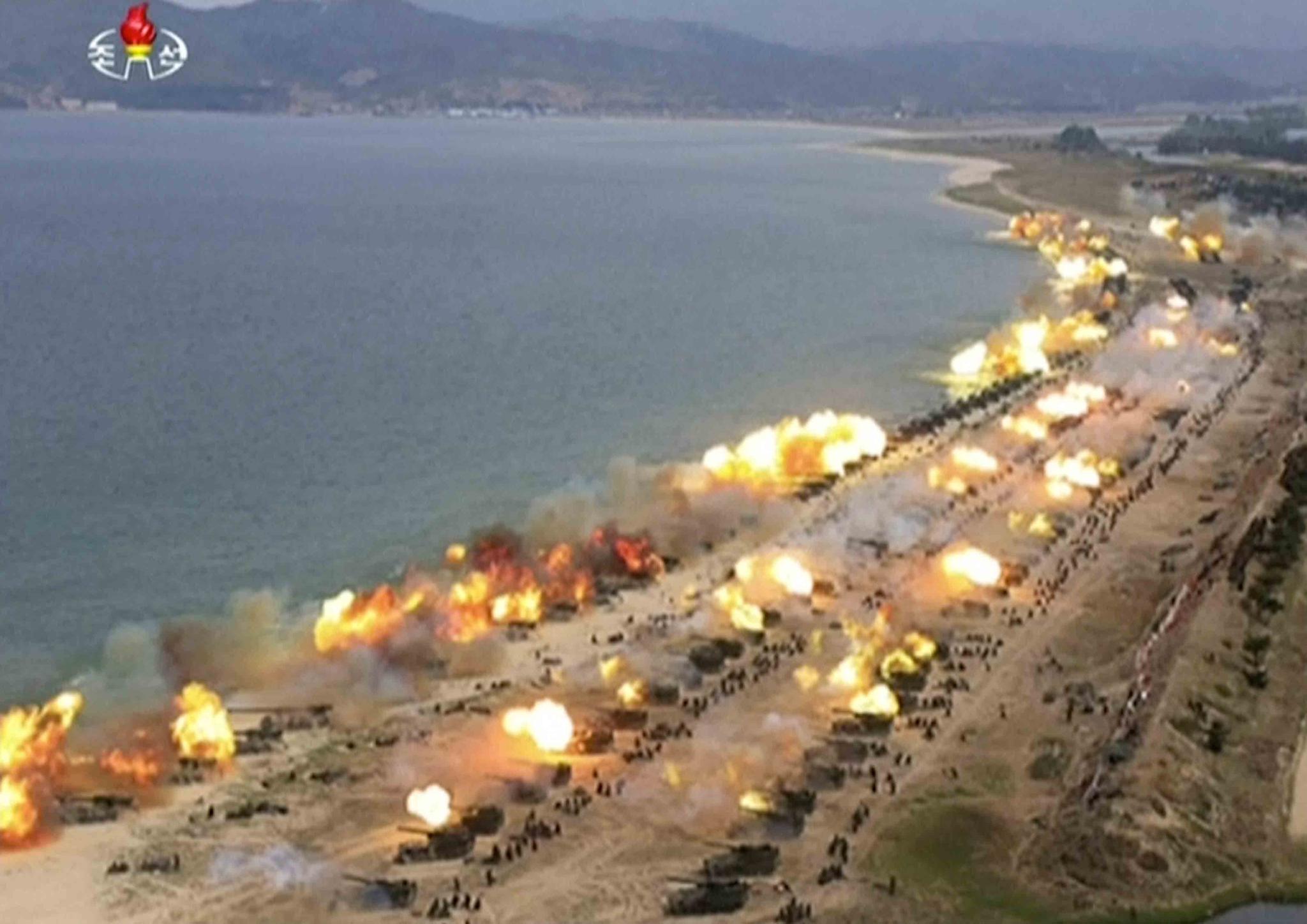 This image made from video of still images broadcast in a news bulletin by North Korea's KRT on April 26, 2017, shows what was said to be a "Combined Fire Demonstration" held to celebrate the 85th anniversary of the North Korean army, in Wonsan, North Korea.