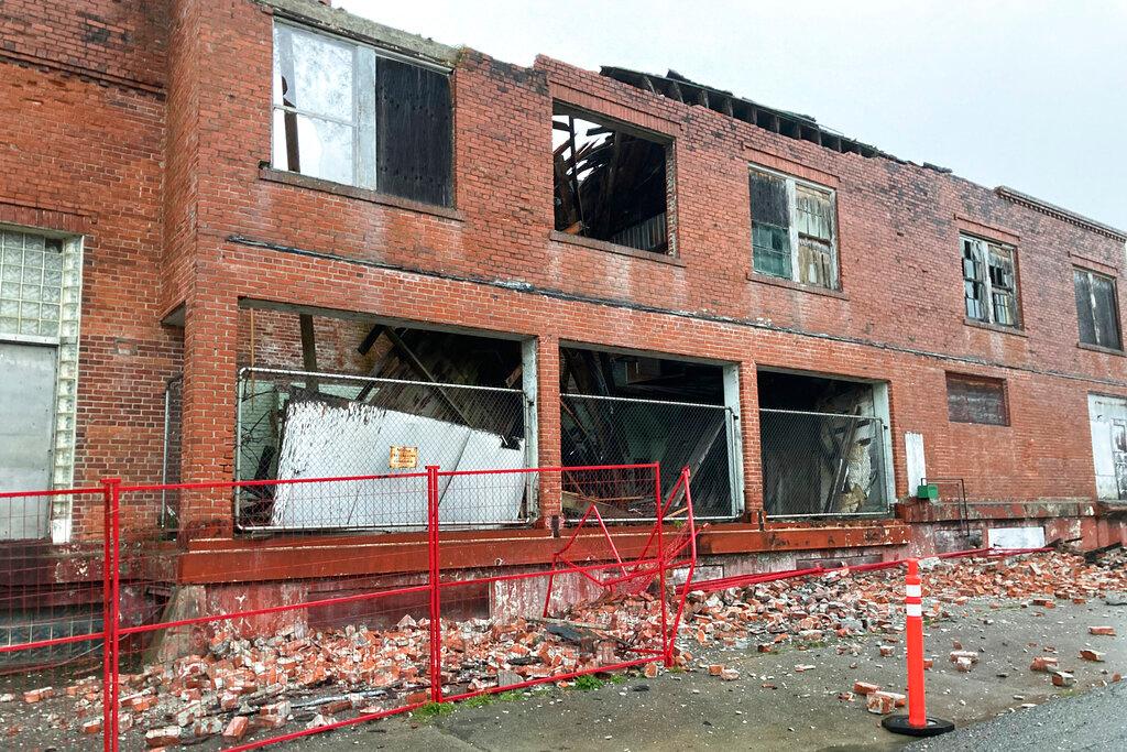 Earthquake damage is seen at the Humboldt Creamery building in Loleta, Calif.