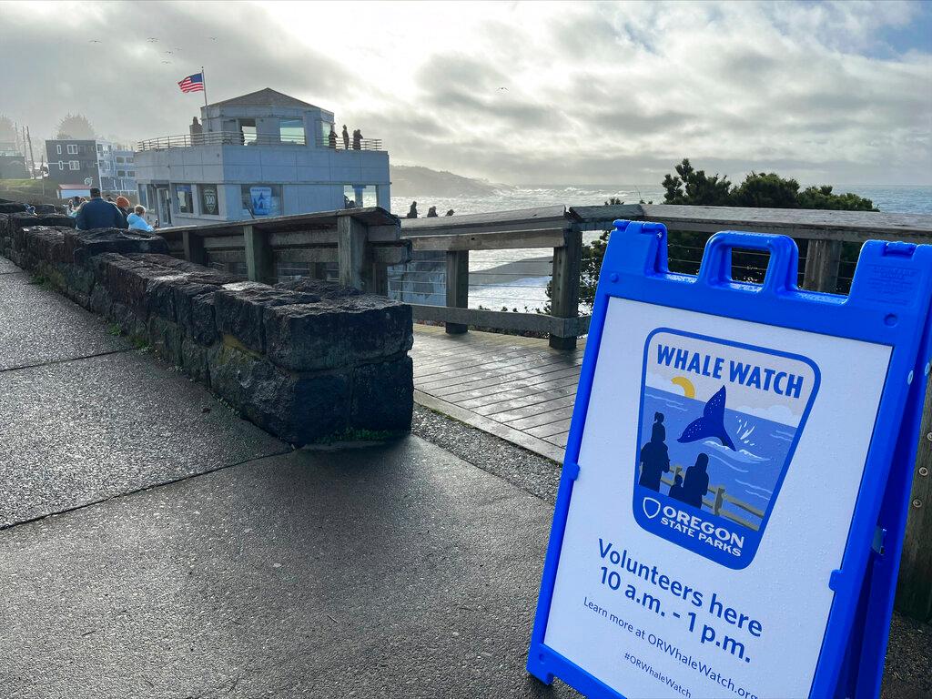 A sign at the Whale Watch Center in Depoe Bay, Ore.