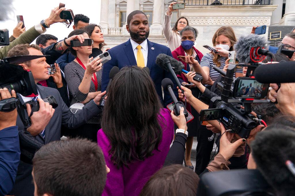 Rep. Byron Donalds, R-Fla., who has been nominated for Speaker of the House, speaks to members of the media on the House steps