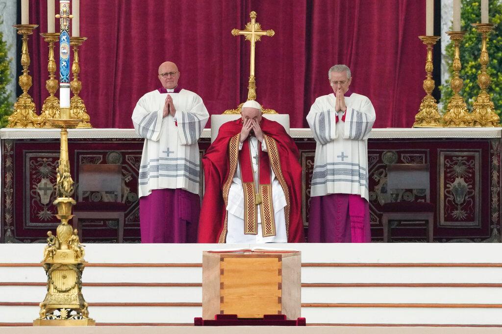 Pope Francis, centre, attends a funeral mass next to the coffin of late Pope Emeritus Benedict XVI St. Peter's Square at the Vatican