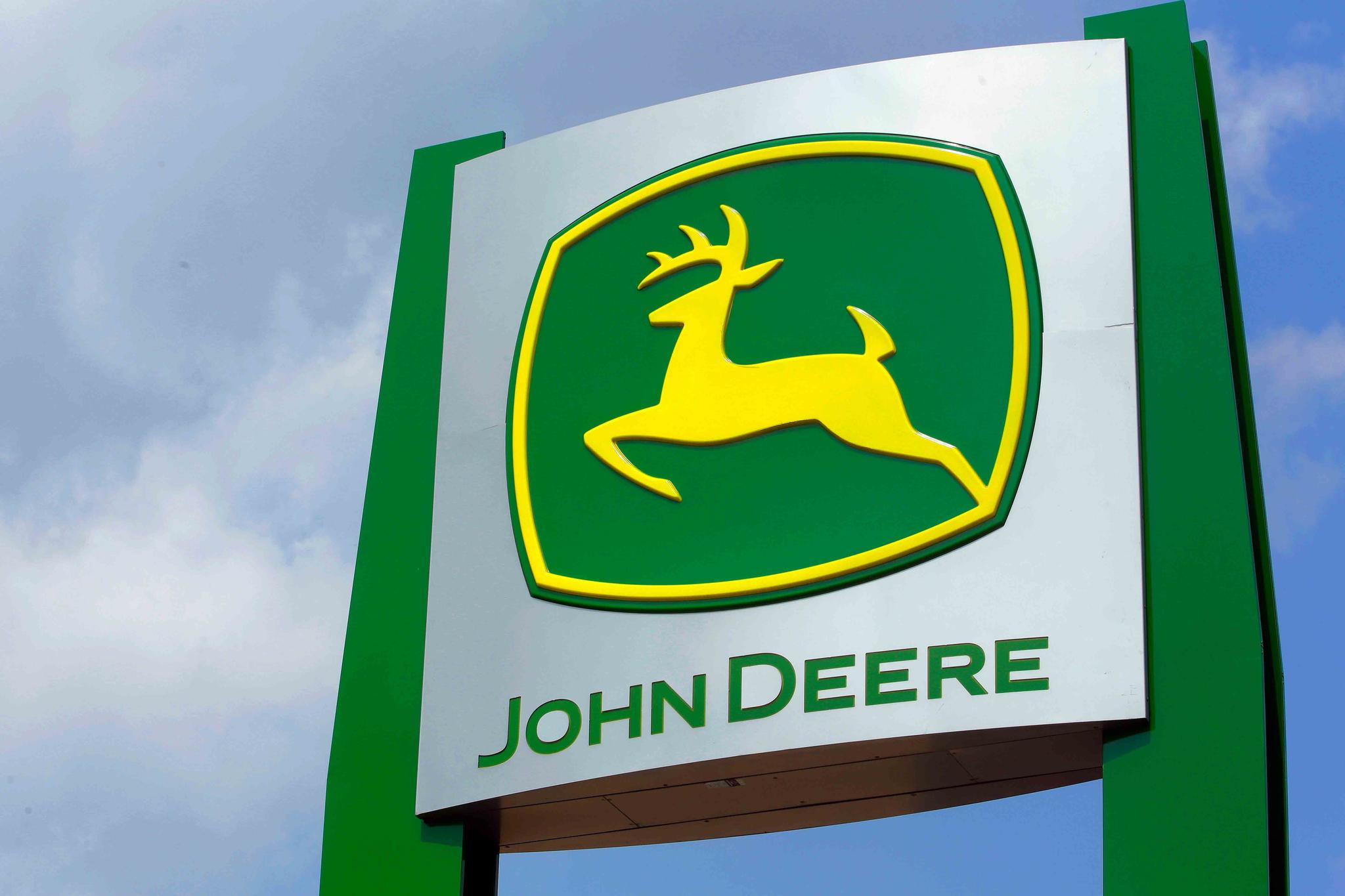 The John Deere logo is seen at their equipment exhibit at the Farm Progress Show in Decatur, Ill., Aug. 31, 2015.