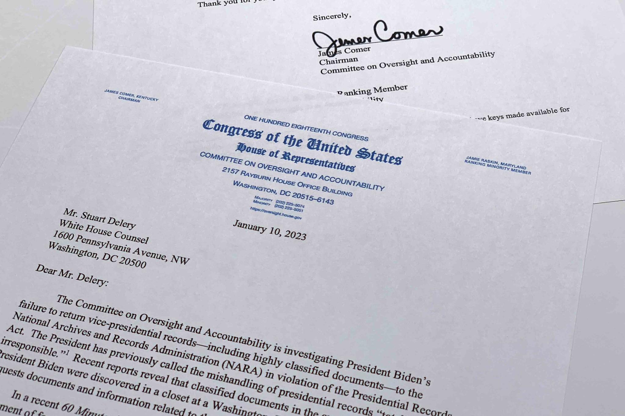 The letter from House Oversight Committee chairman Rep. James Comer, R-Ky., to White House Counsel Stuart Delery is photographed Tuesday, Jan. 10, 2023.