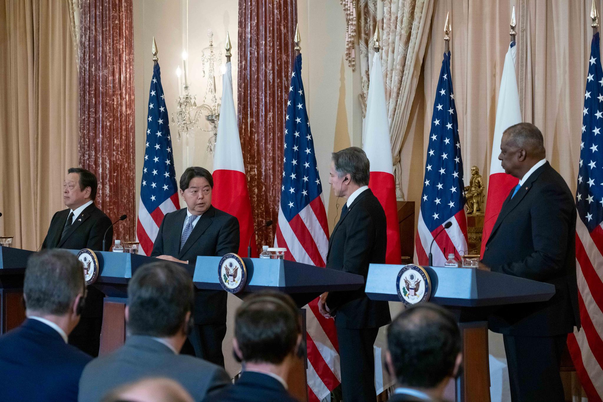 Japanese Defense Minister Yasukazu Hamada, Japanese Foreign Minister Hayashi Yoshimasa, Secretary of State Antony Blinken, and Secretary of Defense Lloyd Austin, speak during a news conference at the State Department, Wednesday, Jan. 11, 2023, in Washington.