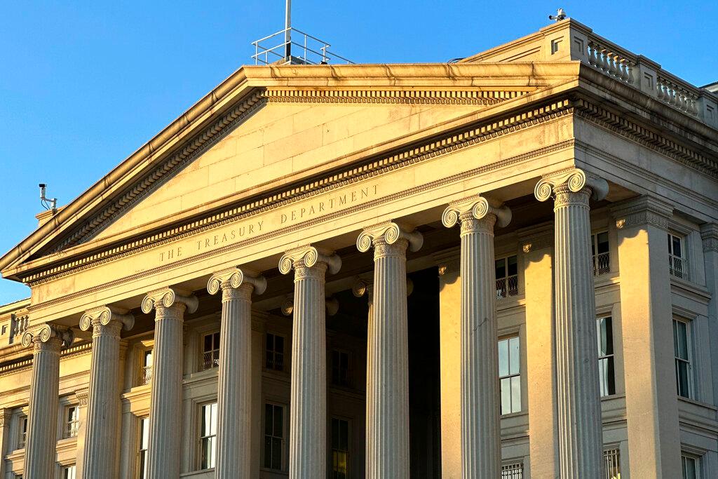 The Treasury Department is seen near sunset in Washington