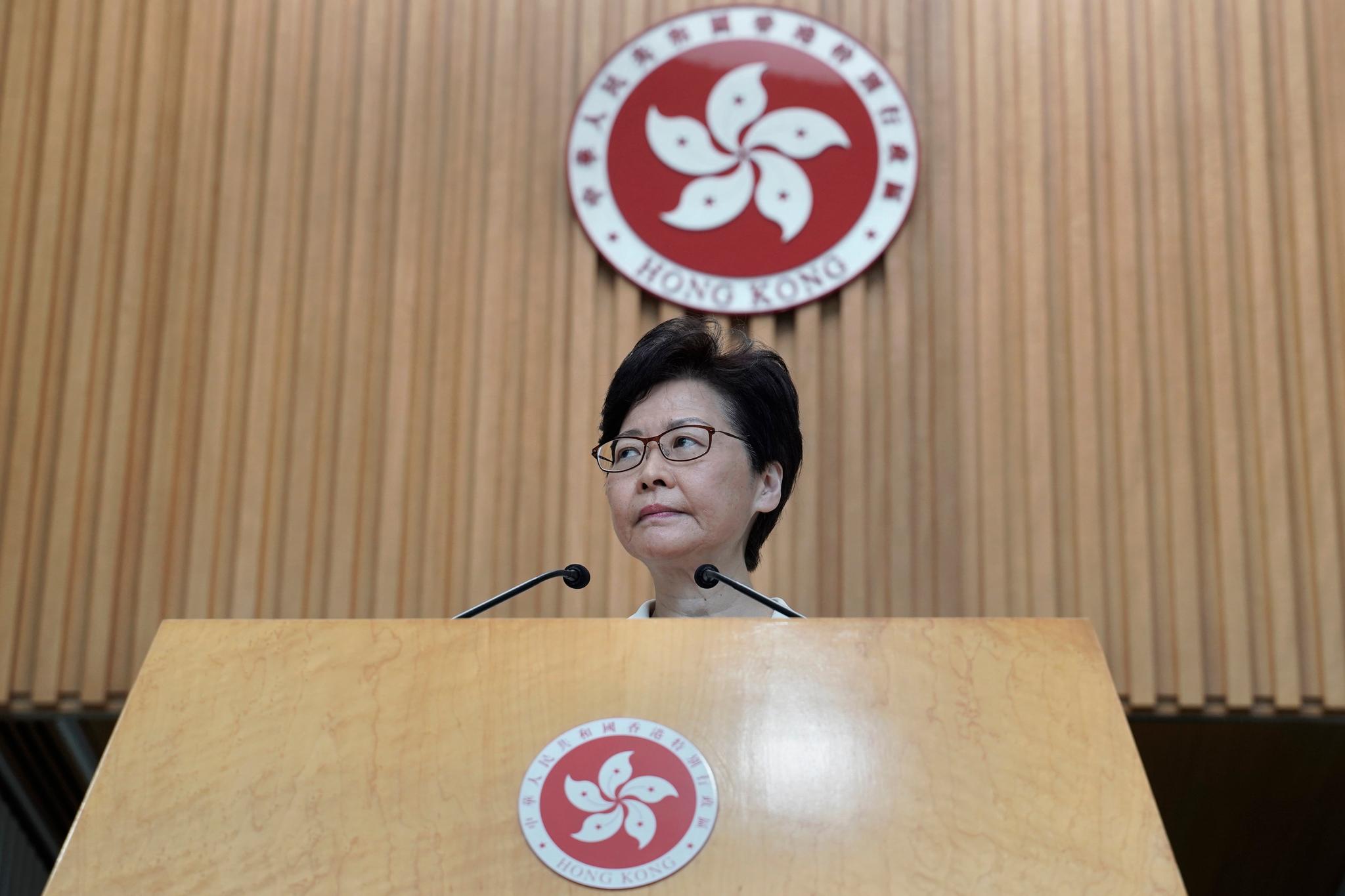 Hong Kong Chief Executive Carrie Lam Listens to reporters' questions during a press conference in Hong Kong