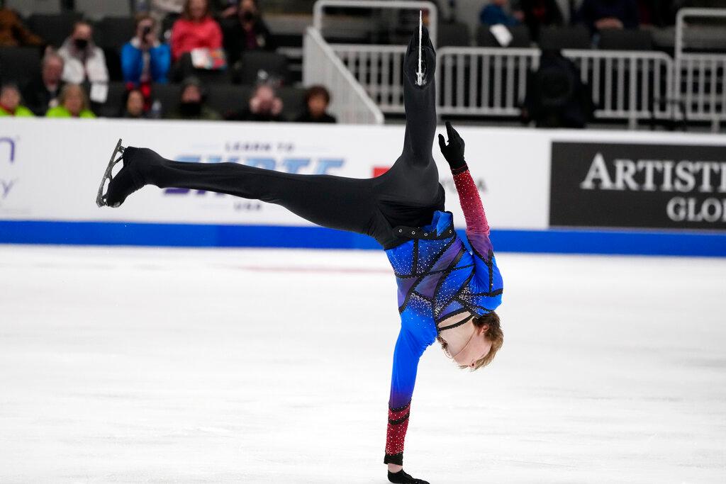 Ilia Malinin performs during the men's free skate at the U.S. figure skating championships in San Jose, Calif., Sunday, Jan. 29, 2023.