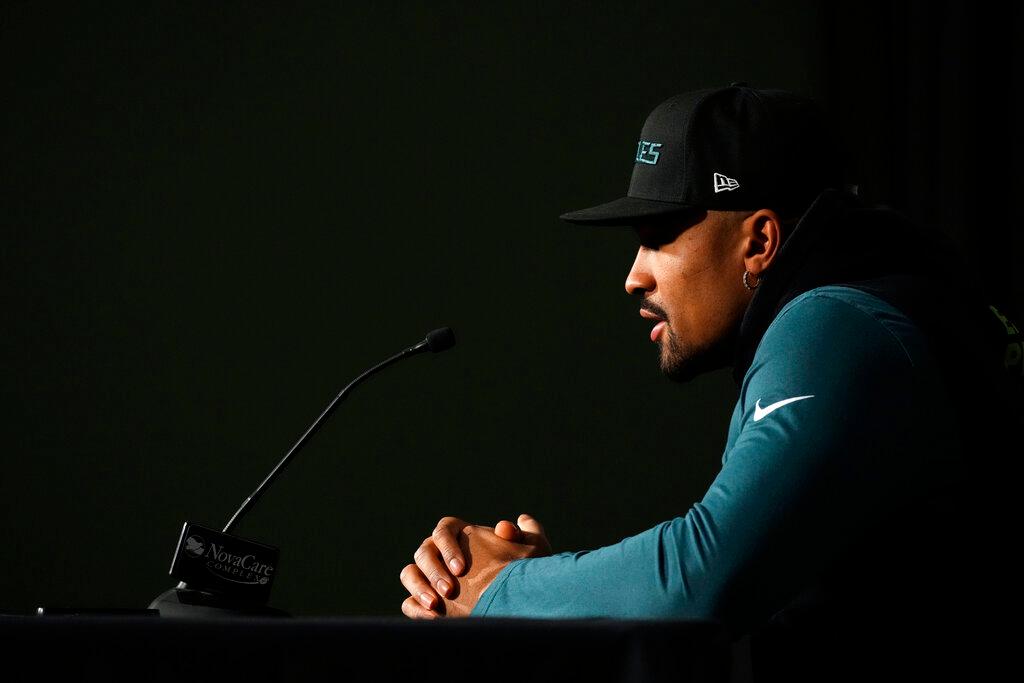 Philadelphia Eagles' Jalen Hurts speaks during a news conference.