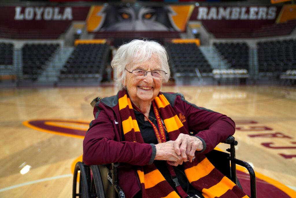 Sister Jean Dolores Schmidt, the Loyola University men's basketball chaplain and school celebrity, sits for a portrait in The Joseph J. Gentile Arena, on Monday, Jan. 23, 2023, in Chicago. The beloved Catholic nun captured the world's imagination and became something of a folk hero while supporting the Ramblers at the NCAA Final Four in 2018.