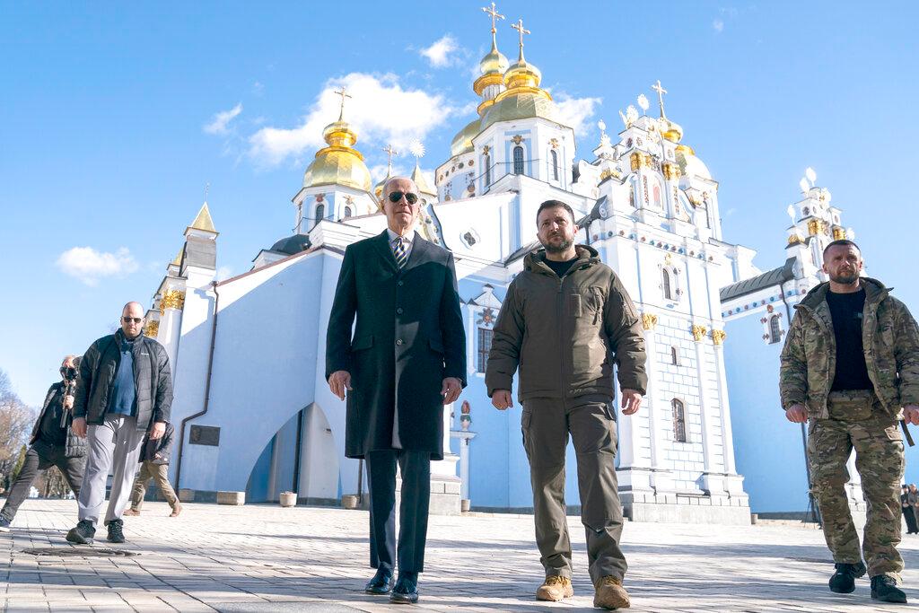 President Biden & Ukrainian President Zelenskyy walk during an unannounced visit in Kyiv