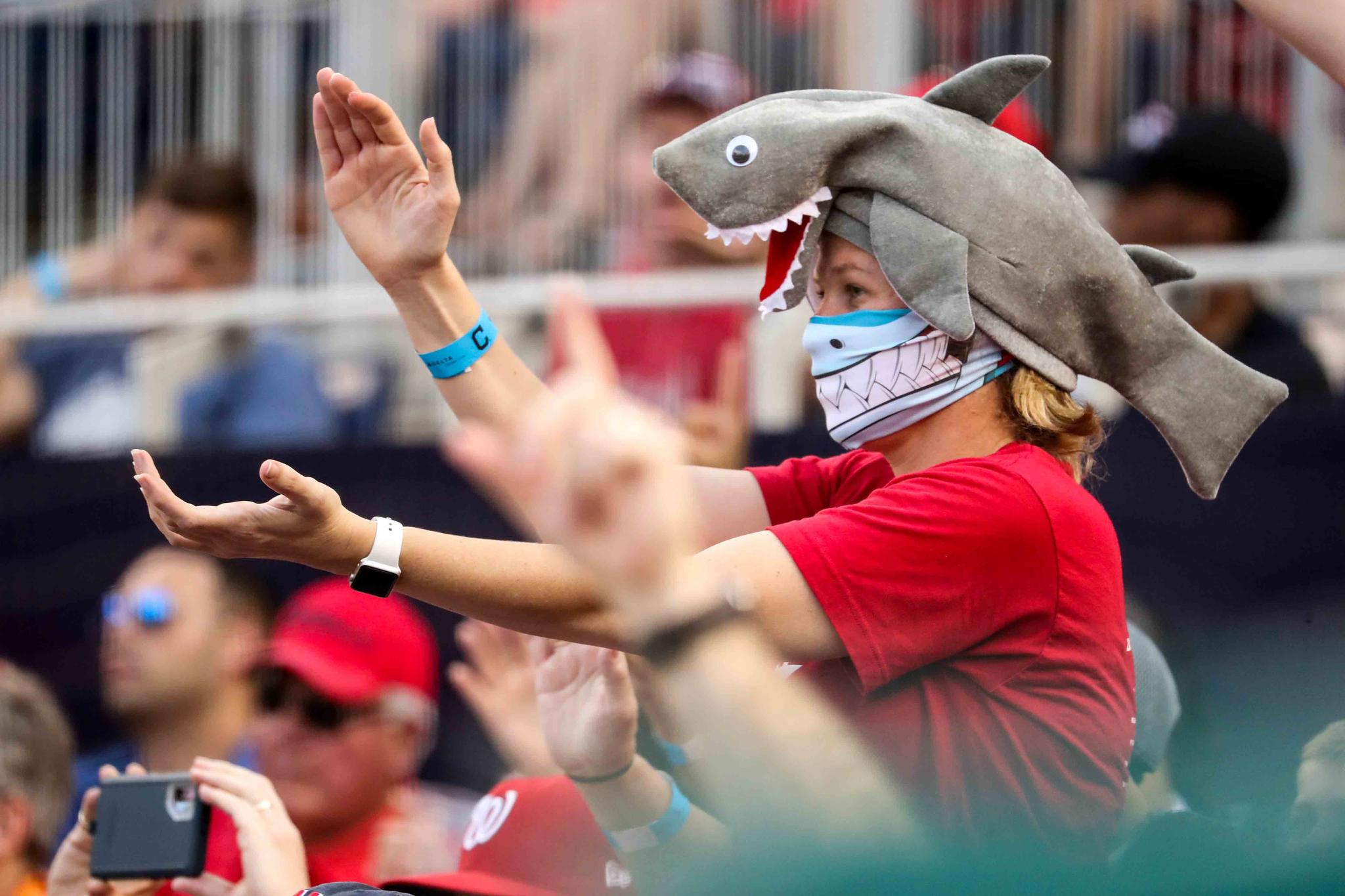 fan wears a shark hat as Washington Nationals' Gerardo Parra comes up to bat