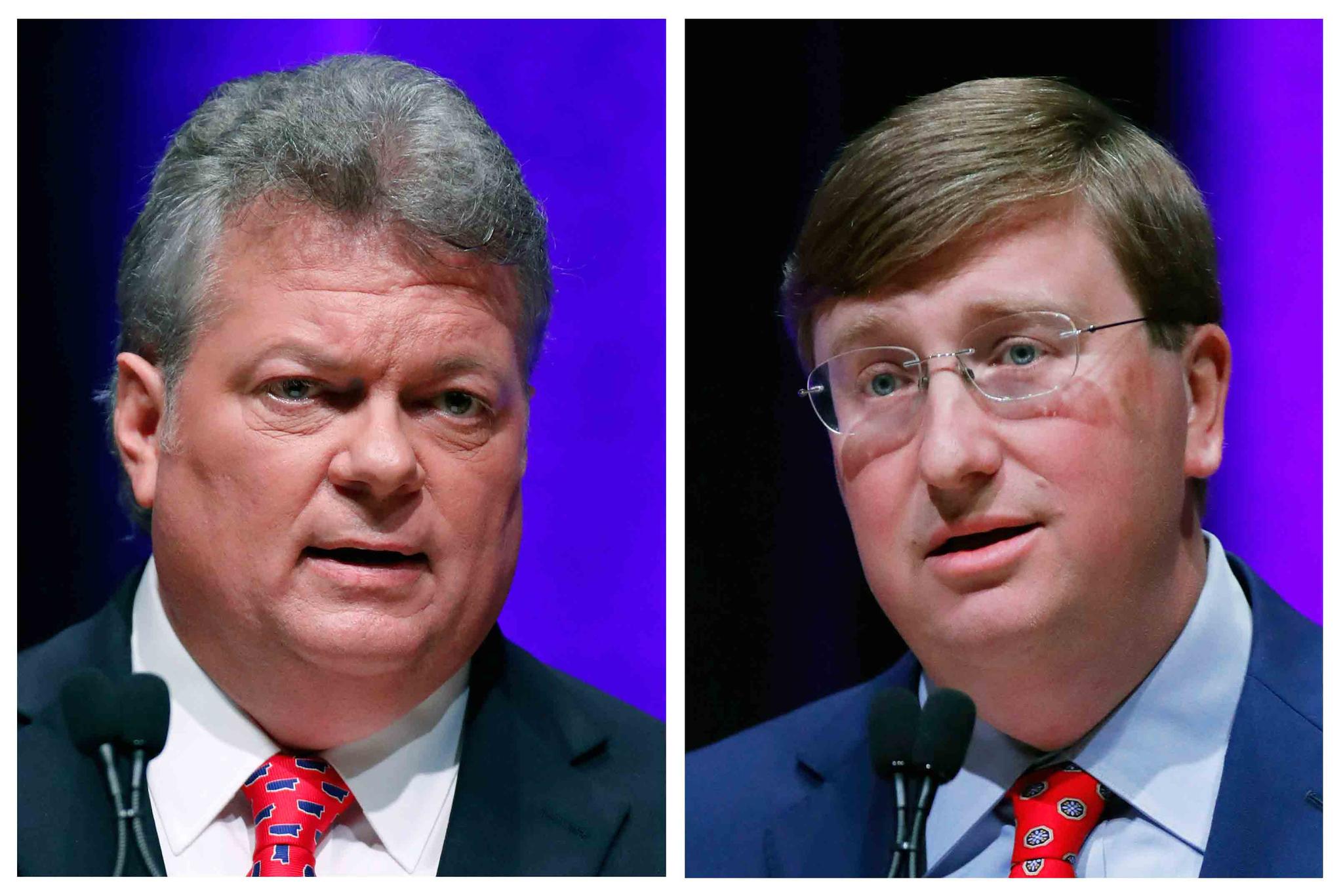 This combination image of Oct. 10, 2019, file photos shows Democratic State Attorney General Jim Hood, left, and Republican Lt. Gov. Tate Reeves