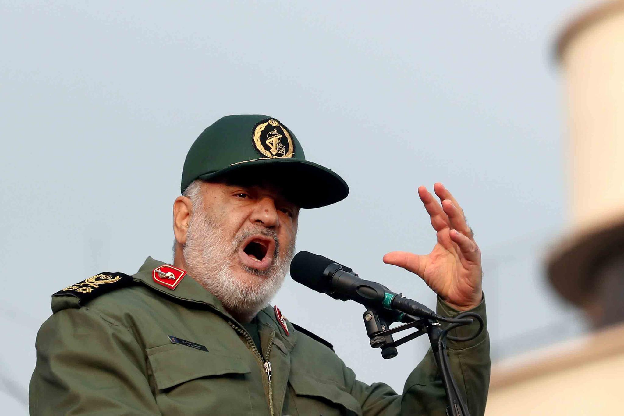 Chief of Iran's Revolutionary Guard Gen. Hossein Salami speaks at a pro-government rally