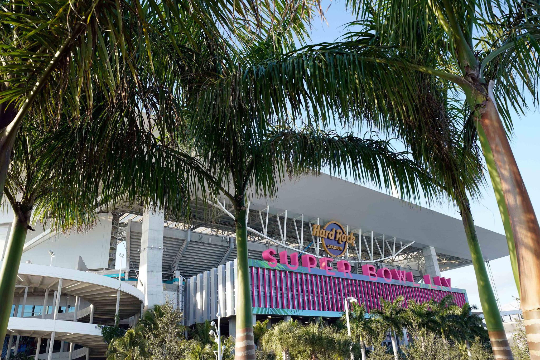 Hard Rock Stadium is shown Thursday, Jan. 30, 2020, in Miami Gardens, Fla., in preparation for the NFL Super Bowl 54 football game.